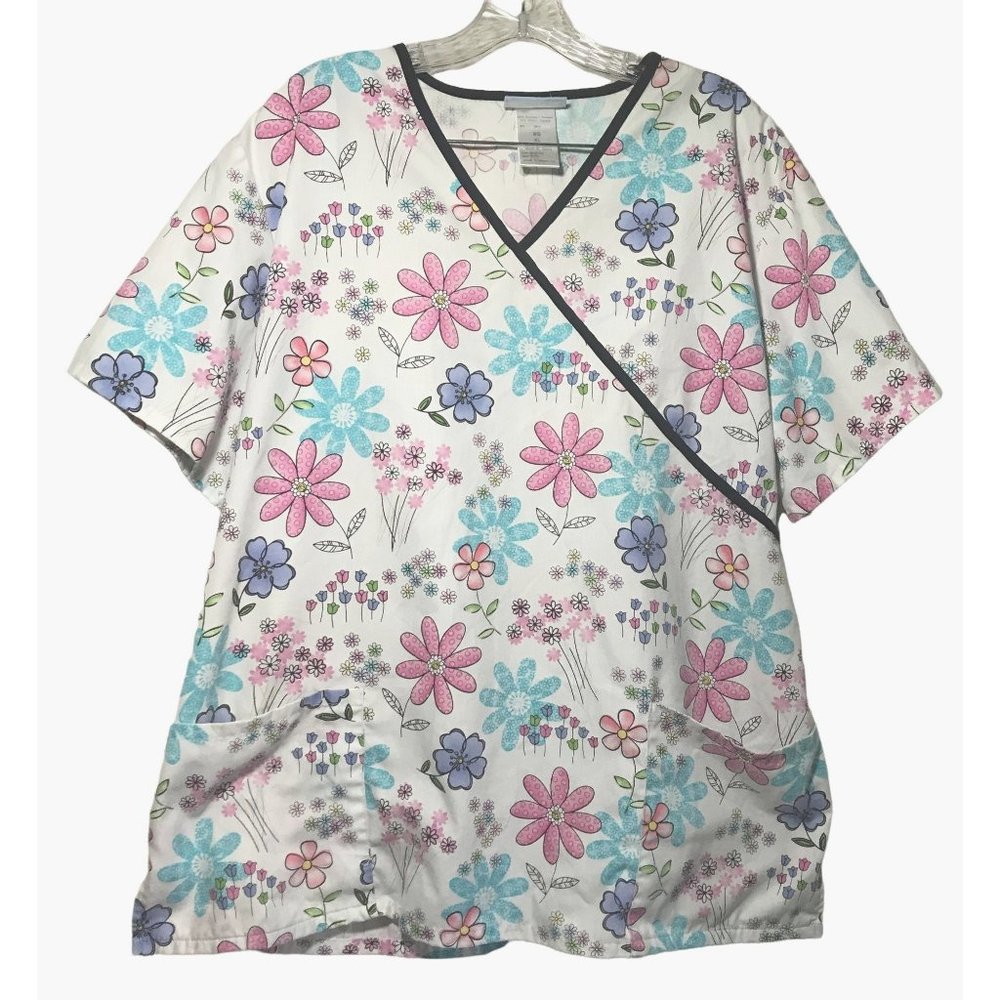 SB Brand Multicolor Pastel Floral Print Womens Scrub Top Size XL White Pink Blue